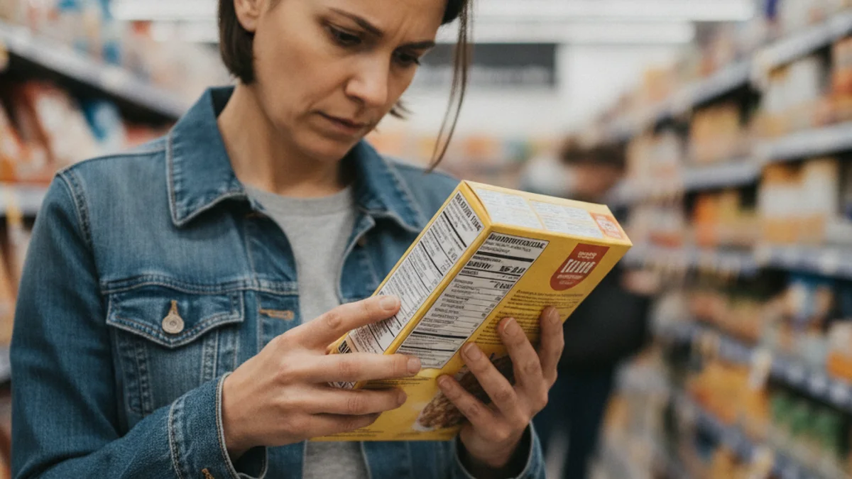 Registro fotográfico documental de consumidor atento conferindo informações nutricionais em embalagem de alimento - Falando Nisso