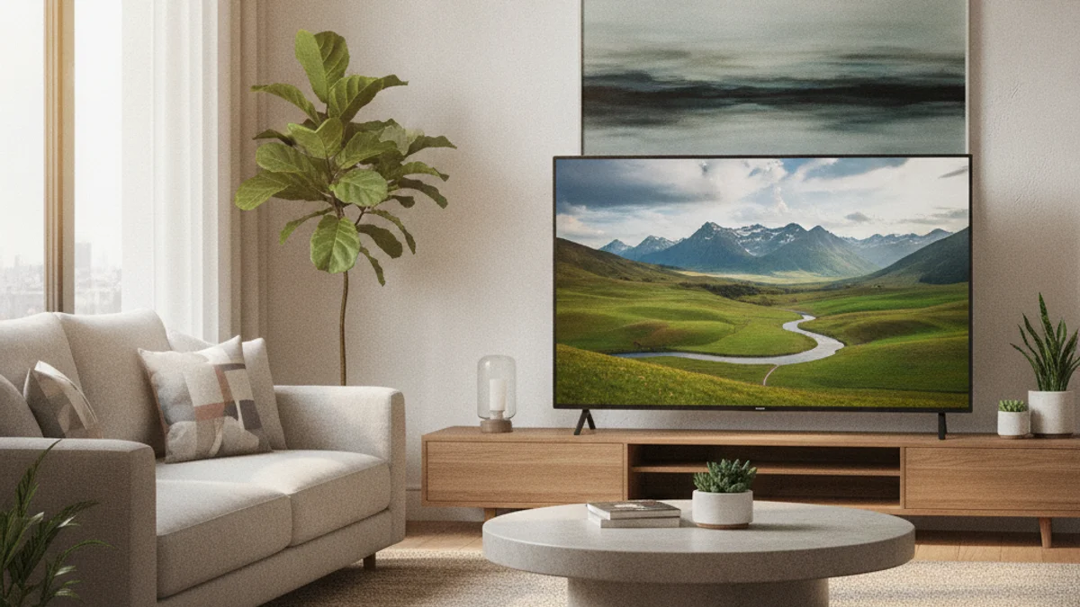 Registro fotográfico documental de Smart TV moderna em ambiente de sala contemporânea - Falando Nisso