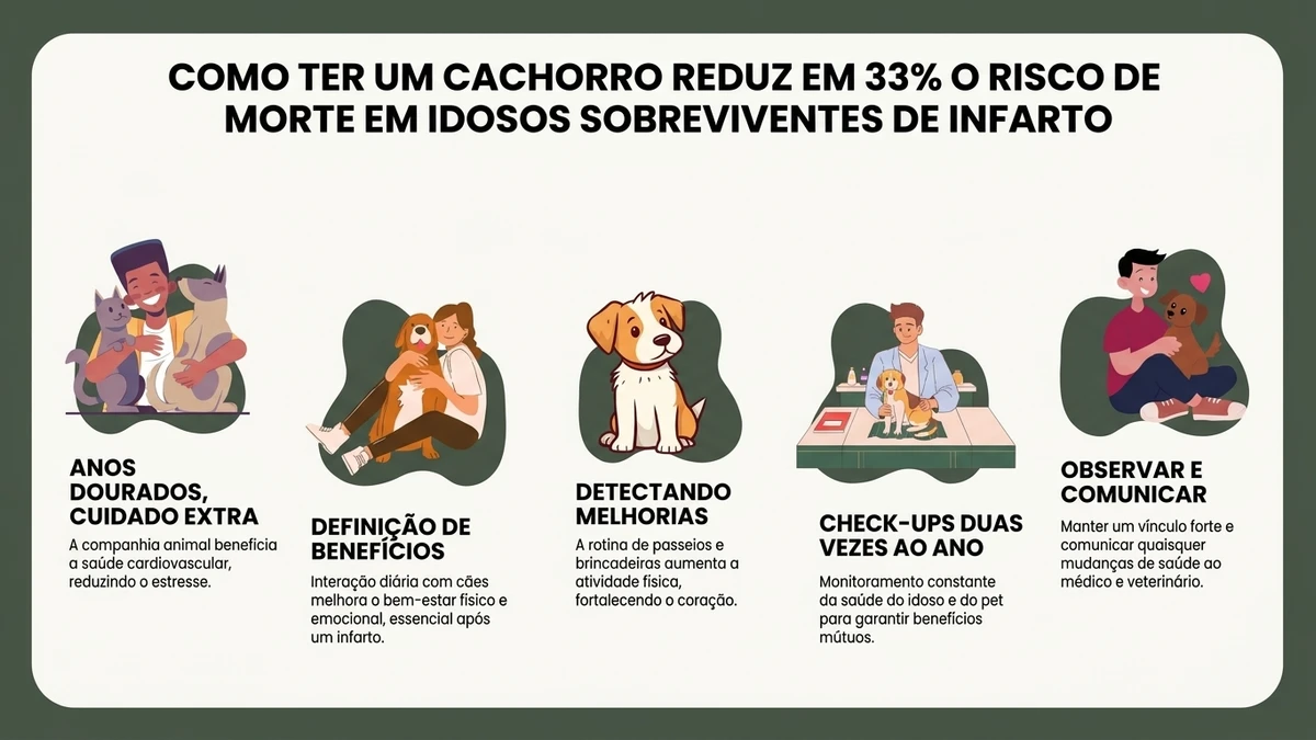 Infográfico editorial ilustrando dados sobre Como ter um cachorro reduz em 33% o risco de morte em idosos sobreviventes de infarto - Falando Nisso