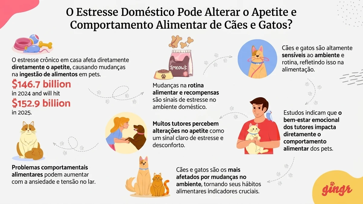 Infográfico editorial ilustrando dados sobre O estresse doméstico pode alterar o apetite e o comportamento alimentar de cães e gatos? - Falando Nisso