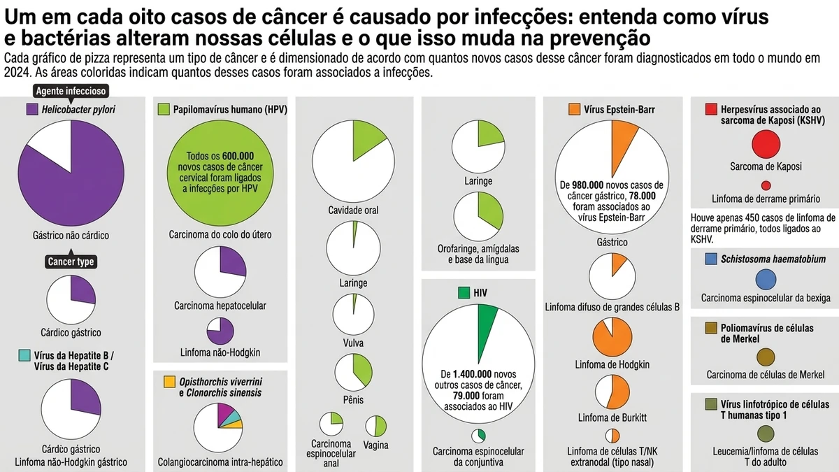 Infográfico editorial ilustrando dados sobre Um em cada oito casos de câncer é causado por infecções: entenda como vírus e bactérias alteram nossas células e o que isso muda na prevenção - Falando Nisso